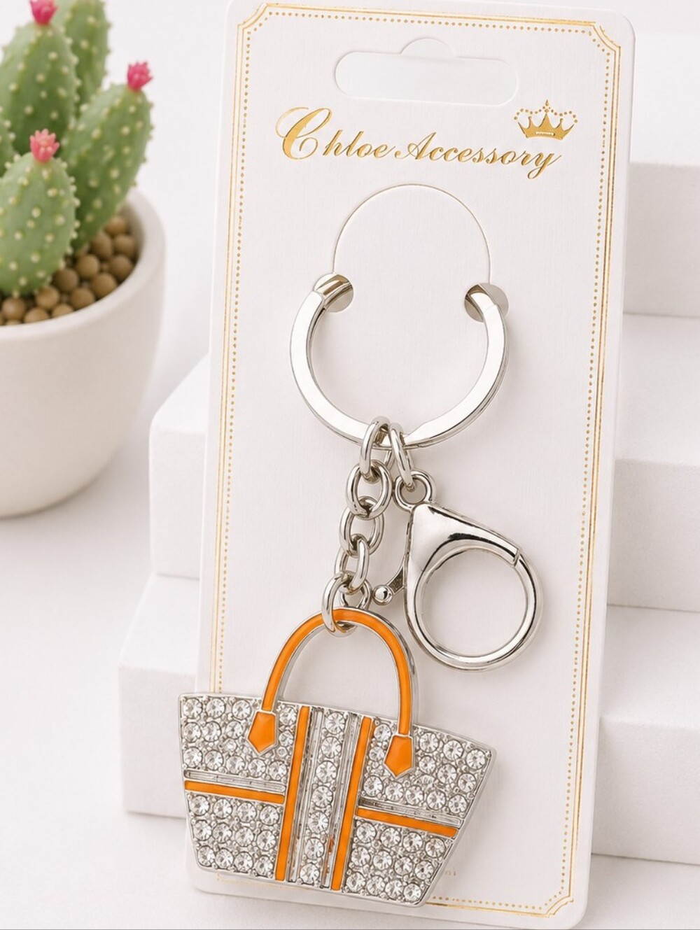 Women's Rhinestone Orange Handbag Purse Keychain | SILVER Tone Bag Charm